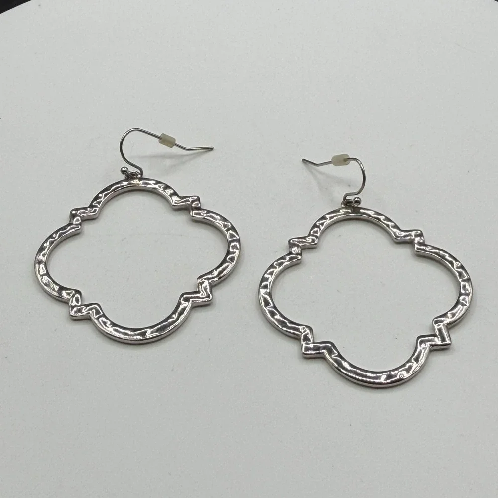 Silver Tone Hammered Quatrefoil Dangle Earrings Large Boho Statement Jewelry